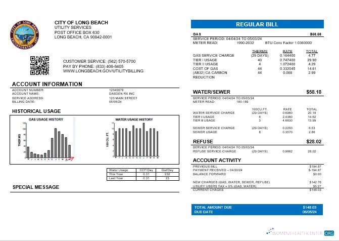 Download USA City of Long Beach business utility bill template in Word and PDF formats Photoshop template